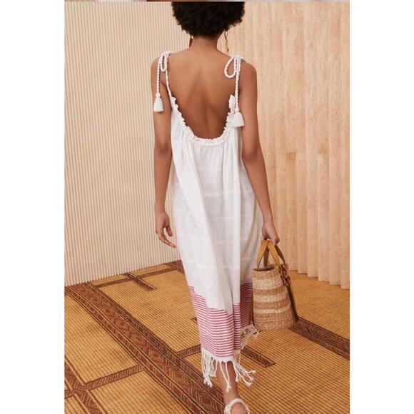 ULLA JOHNSON Sz P XS Adira Off White Red Stripe Coverup Dress Midi Tie Shoulder - Picture 12 of 14